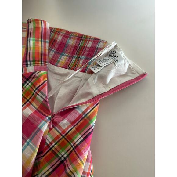 Lilly Pulitzer Vtg 4 Gweneth Madras Plaid Strapless Dress Smocked Coastal Preppy - Picture 3 of 11